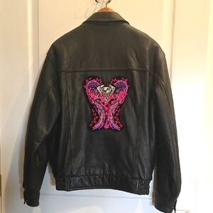Joseph & Feiss Black Leather Jacket with Pink/purple Embroidery